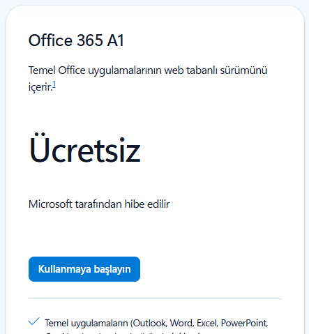 Microsoft Eğitim sayfasındaki Office 365 A1 kartı ve Kullanmaya başlayın butonu